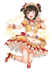 Rule 34 | 1girl, :d, akagi miria, ankle bell, ankle garter, ankle ribbon, apron, back bow, bell, black hair, blush, bow, brown eyes, dress, frilled apron, frilled dress, frilled garter, frilled hairband, frills, full body, hair ribbon, hairband, heart, highres, idolmaster, idolmaster cinderella girls, idolmaster cinderella girls starlight stage, jingle bell, layered dress, leg ribbon, loafers, lolita fashion, looking at viewer, neck bell, neck ribbon, one eye closed, open mouth, puffy short sleeves, puffy sleeves, red bow, red ribbon, ribbon, shoes, short hair, short sleeves, simple background, sirurabbit, smile, solo, sweet lolita, two side up, v, wrist cuffs, wrist ribbon