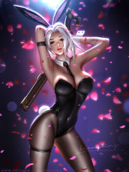 Rule 34 | 1girl, animal ears, arm strap, armpits, arms up, ashe (overwatch), bare shoulders, black leotard, black pantyhose, blurry, blurry background, breasts, cleavage, covered navel, cowboy shot, detached collar, eyeshadow, fake animal ears, fishnet pantyhose, fishnets, gun, highres, holding, holding gun, holding weapon, large breasts, legs apart, leotard, liang xing, lips, looking at viewer, makeup, mole, mole above mouth, necktie, overwatch, overwatch 1, pantyhose, parted lips, patreon username, petals, playboy bunny, rabbit ears, rabbit tail, red eyes, signature, solo, strapless, strapless leotard, tail, tattoo, thigh strap, watermark, weapon, web address, white hair, wrist cuffs