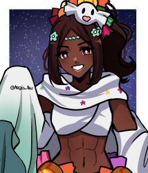 Rule 34 | 1girl, abs, asukaaasuu, candy hair ornament, dark-skinned female, dark skin, fire emblem, fire emblem engage, fire emblem heroes, food-themed hair ornament, ghost costume, ghost hair ornament, hair ornament, halloween costume, highres, looking at viewer, midriff, navel, nintendo, official alternate costume, sleeves past fingers, sleeves past wrists, smile, solo, star-shaped pupils, star (symbol), symbol-shaped pupils, timerra (fire emblem), timerra (halloween) (fire emblem)