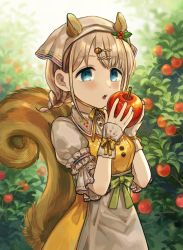 Rule 34 | 1girl, acorn hair ornament, animal ears, apple, apple tree, apron, blonde hair, blue eyes, blush, braid, collared shirt, dress, extra ears, food, fruit, hair ornament, head scarf, highres, holding, holding food, holding fruit, holly hair ornament, idolmaster, idolmaster shiny colors, lace trim, neck ribbon, official alternate costume, outdoors, puffy short sleeves, puffy sleeves, ribbon, sasasasa, serizawa asahi, shirt, short braid, short sleeves, solo, squirrel, squirrel ears, squirrel girl, squirrel tail, tail, tree