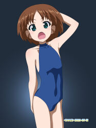 Rule 34 | 1girl, blue eyes, blue one-piece swimsuit, blush, breasts, brown hair, girls und panzer, highres, looking at viewer, naotosi, one-piece swimsuit, open mouth, sakaguchi karina, short hair, small breasts, solo, swimsuit