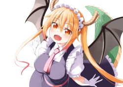 Rule 34 | 1girl, :d, ascot, blonde hair, breasts, collared shirt, dragon girl, dragon horns, dragon tail, dragon wings, dress, elbow gloves, fang, from above, gloves, gradient hair, hair between eyes, highres, horns, kobayashi-san chi no maidragon, large breasts, long dress, long hair, looking at viewer, maid, maid headdress, multicolored hair, open mouth, orange eyes, orange hair, outstretched arms, pinafore dress, puffy short sleeves, puffy sleeves, shirt, short sleeves, sidelocks, sleeveless dress, slit pupils, smile, solo, tail, tohru (maidragon), twintails, white gloves, white shirt, wings, yanagi marie