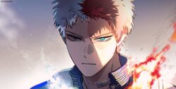 Rule 34 | 1boy, alternate hairstyle, blue eyes, boku no hero academia, brown eyes, cactusnabe, closed mouth, fire, gradient background, heterochromia, highres, ice, light particles, male focus, multicolored hair, portrait, rotated, serious, short hair, solo, split-color hair, todoroki shouto, twitter username, two-tone hair, v-shaped eyebrows