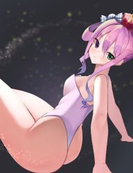 Rule 34 | 1girl, abstract background, absurdres, ass, athletic leotard, ballerina, bisco (bisco art), breasts, hair ornament, hat, heterochromia, highres, himemori luna, hololive, leotard, looking at viewer, looking back, pink hair, purple leotard, sitting, small breasts, strapless, strapless leotard, thong leotard, virtual youtuber, wide hips