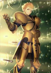 Rule 34 | 1boy, armor, blonde hair, fate/grand order, fate/stay night, fate (series), gate of babylon (fate), gauntlets, gilgamesh (fate), hair slicked back, hand on own hip, highres, looking at viewer, male focus, official art, red eyes, resized, shoulder armor, solo, pauldrons, takeuchi takashi, upscaled, waifu2x, weapon