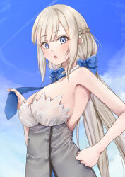 Rule 34 | 1girl, blonde hair, blue eyes, blue necktie, braid, breasts, cleavage, detached collar, dress, grey dress, highres, kantai collection, koru pera, large breasts, long hair, maryland (kancolle), necktie, open mouth, solo, strapless, strapless dress, upper body