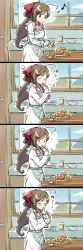 Rule 34 | 10s, 1girl, 4koma, ahoge, apron, blue sky, blush, bow, brown hair, cloud, comic, door, eating, engiyoshi, closed eyes, hair bow, hair ornament, hairclip, highres, indoors, kantai collection, kappougi, long hair, long sleeves, mamiya (kancolle), multiple girls, musical note, nose blush, ponytail, red bow, red eyes, sky, table, window