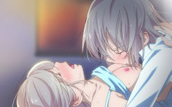 Rule 34 | 2girls, blush, breast sucking, breasts, closed eyes, clothes lift, highres, multiple girls, nipples, open mouth, original, sex, shirt lift, short hair, silver hair, small breasts, yui 7, yuri
