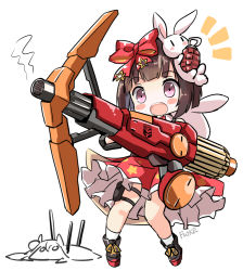 Rule 34 | 1girl, :d, ^^^, artist name, blush, bow, brown hair, rabbit hair ornament, chibi, chinese commentary, commentary request, fatkewell, girls&#039; frontline, gundam, gundam tekketsu no orphans, hair bow, hair ornament, m99 (girls&#039; frontline), magnetic weapon, open mouth, purple eyes, railgun, short hair, simple background, smile, two-sided fabric, two-sided skirt, white background