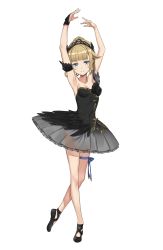 Rule 34 | 1girl, armband, armpits, arms up, ballet slippers, bare shoulders, black dress, black footwear, blue eyes, blue ribbon, breasts, circle skirt, dress, full body, hair bun, hair rings, highres, looking at viewer, official art, plantar flexion, princess (princess principal), princess principal, princess principal game of mission, ribbon, short hair, single hair bun, small breasts, smile, solo, standing, standing on one leg, tiara, transparent background