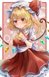 Rule 34 | 1girl, :o, absurdres, alternate breast size, ascot, back bow, blonde hair, bow, breasts, clenched hands, collared shirt, commentary request, cowboy shot, crystal, flandre scarlet, frilled ascot, frilled shirt collar, frilled skirt, frilled sleeves, frills, glowing, glowing wings, hair between eyes, hat, hat ribbon, highres, large breasts, mob cap, multicolored wings, open mouth, puffy short sleeves, puffy sleeves, red eyes, red ribbon, red skirt, red vest, ribbon, shirt, short sleeves, skirt, skirt set, solo, touhou, vest, wakamewakame282, white bow, white hat, white shirt, wings, wrist cuffs, yellow ascot
