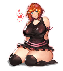 Rule 34 | 1girl, absurdres, bare shoulders, black thighhighs, blue eyes, breasts, cleavage, collar, commission, curvy, dress, flower, freckles, gurimjang, hair flower, hair ornament, head tilt, heart, highres, huge breasts, knees, large breasts, lipstick, looking at viewer, makeup, orange hair, original, pixiv commission, plump, red lips, short dress, short hair, simple background, sitting, skindentation, smile, solo, spiked collar, spikes, spoken heart, taut clothes, taut dress, thick thighs, thighhighs, thighs, white background