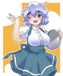 Rule 34 | 1girl, alternate costume, breasts, eyebrows, highres, large breasts, letty whiterock, light purple hair, name tag, one eye closed, open mouth, oressama, purple eyes, shirt, short hair, short sleeves, smile, solo, thick eyebrows, touhou, tray, underbust, waitress