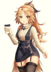 Rule 34 | 1girl, absurdres, aran sweater, arknights, beige sweater, black thighhighs, blue skirt, brown eyes, brown hair, cable knit, coffee cup, commentary, cowboy shot, cup, disposable cup, feather hair, garter straps, highres, holding, holding cup, killizard, long hair, long sleeves, looking at viewer, mole, mole under eye, orange pupils, parted lips, pinecone (arknights), ponytail, simple background, skindentation, skirt, solo, suspender skirt, suspenders, sweater, thighhighs, very long hair, white background