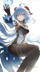 Rule 34 | 1girl, ahoge, armpits, black gloves, black pantyhose, blue hair, bodystocking, breasts, detached sleeves, dress, ganyu (genshin impact), genshin impact, gloves, goat horns, hair between eyes, highres, horns, invisible chair, long hair, long sleeves, looking at object, low ponytail, pantyhose, parted lips, penda (hipanan222), sideboob, simple background, sitting, solo, white background, white dress
