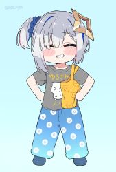Rule 34 | 1girl, ^ ^, amane kanata, asymmetrical hair, bag, baggy pants, blue hair, blush stickers, chibi, closed eyes, colored inner hair, commentary, english commentary, closed eyes, facing viewer, full body, grey shirt, grin, hair intakes, halo, handbag, hands on own hips, highres, hololive, kukie-nyan, legs apart, multicolored hair, pants, pink hair, scrunchie, shirt, short hair, side ponytail, silver hair, smile, solo, standing, star halo, streaked hair, t-shirt, twitter username, virtual youtuber, yellow bag