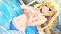 Rule 34 | 1girl, aldehyde, angry, aqua eyes, bikini, bikini bottom only, blonde hair, blue bikini, blush, breasts, covering breasts, covering privates, embarrassed, game cg, hair ribbon, happening love!!, large breasts, long hair, looking at viewer, navel, nipples, open mouth, partially submerged, pool, red ribbon, ribbon, shiratori sanae (happening love!!), source request, standing, swimsuit, topfreedom, topless, twintails, water