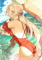 Rule 34 | 1girl, ass, back, bare shoulders, blush, breasts, cape, casual one-piece swimsuit, closed mouth, edelgard von hresvelg, embarrassed, fire emblem, fire emblem: three houses, fire emblem heroes, frilled one-piece swimsuit, frills, hair ornament, hair ribbon, long hair, looking at viewer, mueririko, nintendo, one-piece swimsuit, purple eyes, red one-piece swimsuit, ribbon, sideboob, solo, swimsuit, tight clothes, umbrella, water, white hair