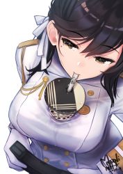 Rule 34 | 1girl, aiguillette, animal ears, artist name, atago (azur lane), azur lane, black hair, breasts, brown eyes, bubble tea, bubble tea challenge, buttons, cup, dated, disposable cup, drinking, drinking straw, epaulettes, extra ears, from above, gloves, hair ribbon, highres, large breasts, long hair, long sleeves, looking away, mappaninatta, meme, military, military uniform, mole, mole under eye, object on breast, ribbon, signature, simple background, solo, swept bangs, uniform, wet, wet clothes, white background, white gloves, white ribbon, white uniform
