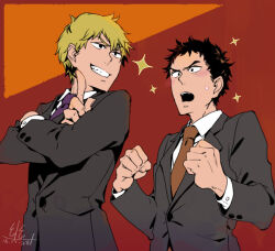 Rule 34 | 2boys, black eyes, black hair, blonde hair, brown necktie, clenched hands, coattails, collared jacket, collared shirt, commentary request, crossed arms, dated, fingernails, grey jacket, grin, jacket, layered sleeves, light blush, long sleeves, male focus, messy hair, mob psycho 100, multiple boys, necktie, open mouth, pointing, purple necktie, red background, reigen arataka, serizawa katsuya, sharp teeth, shirt, short hair, signature, simple background, smile, sparkle, sweatdrop, teeth, thick eyebrows, u u ki u u, upper body, upper teeth only, white shirt, wide-eyed