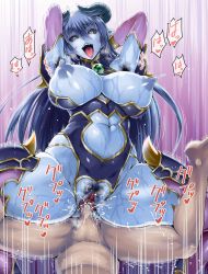 Rule 34 | 1boy, 1girl, armpit hair, arms behind back, astaroth (shinrabanshou), black hair, blue nipples, blue skin, breasts, clothing cutout, colored nipples, colored skin, demon girl, demon horns, fangs, girl on top, hetero, highres, horns, huge breasts, long hair, milk, nipples, open mouth, pointy ears, pubic hair, puffy nipples, pussy cutout, sex, spread legs, stomach cutout, sweat, tongue, tongue out, vaginal, yellow eyes