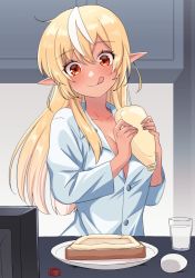Rule 34 | 1girl, blonde hair, bread slice, breasts, cleavage, cup, dark-skinned female, dark skin, drinking glass, egg, elf, food, hololive, licking lips, long hair, mayonnaise, medium breasts, orange eyes, partially unbuttoned, pointy ears, shiranui flare, shirt, smile, solo, tadano nepi, toast, tongue, tongue out, virtual youtuber, white shirt