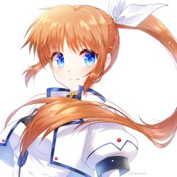Rule 34 | 1girl, blue eyes, bow, brown hair, closed mouth, floating hair, hair bow, highres, jacket, long hair, looking at viewer, lyrical nanoha, mahou shoujo lyrical nanoha strikers, open clothes, open jacket, ponytail, short sleeves, simple background, smile, solo, takamachi nanoha, takamachi nanoha (exceed mode), upper body, very long hair, white background, white bow, white jacket, yomiwata2