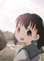 Rule 34 | 1girl, absurdres, black hair, blurry, commentary request, depth of field, grey sailor collar, highres, inami hatoko, kuraue hinata, looking at viewer, open mouth, outdoors, purple eyes, river, sailor collar, school uniform, serafuku, shirt, short hair, solo, twintails, upper body, white shirt, yama no susume