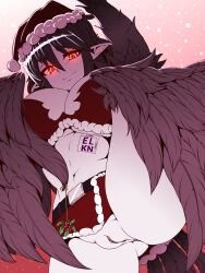 Rule 34 | 1girl, anus, artist name, belt, black hair, black harpy, black wings, bottomless, breasts, cleavage, clitoris, commentary, commentary request, elakan, english commentary, feathered wings, feathers, glowing, glowing eyes, hair between eyes, harpy, hat, highres, holding, holding mistletoe, large breasts, long hair, looking at viewer, midriff, mistletoe, mixed-language commentary, monster girl, monster girl encyclopedia, navel, pointy ears, pom pom (clothes), pussy, red eyes, santa hat, solo, uncensored, winged arms, wings