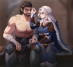 Rule 34 | 1boy, 1girl, abs, absurdres, artist name, ashe (league of legends), beard, blue eyes, brown hair, collarbone, commentary, couple, cowboy shot, dagikatt, english commentary, facial hair, fingernails, highres, holding hands, husband and wife, injury, league of legends, long hair, looking at another, muscular, muscular male, nipples, one eye closed, short hair, sitting, smile, topless male, tryndamere, white hair
