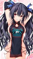 Rule 34 | 1girl, armpits, arms behind head, black hair, blush, breasts, cleavage cutout, clothing cutout, collar, dress, iwashi dorobou -r-, looking at viewer, medium breasts, neck, neptune (series), noire (neptunia), red eyes, ribbon, sideboob, smile, solo, tsundere, twintails