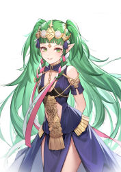Rule 34 | 1girl, absurdres, arms behind back, bound, braid, breasts, cowboy shot, dress, feet out of frame, fire emblem, fire emblem: three houses, green eyes, green hair, highres, looking at viewer, nintendo, parted lips, pelvic curtain, pointy ears, q18607, ribbon braid, rope, small breasts, solo, sothis (fire emblem), tiara, twin braids, two side up