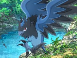 Rule 34 | bird, closed mouth, commentary request, corvisquire, creatures (company), day, feathers, from side, game freak, gen 8 pokemon, highres, kosaburou, looking at viewer, nintendo, no humans, outdoors, pokemon, pokemon (creature), red eyes, sideways glance, solo, talons, tree, water