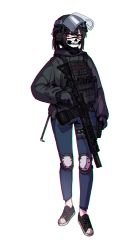 Rule 34 | 1girl, absurdres, black footwear, black gloves, black hair, black headwear, black hoodie, blue pants, commission, copyright request, drawstring, ear protection, eyebrows hidden by hair, full body, gloves, gun, helmet, highres, holding, holding gun, holding weapon, hood, hood down, hoodie, knee pads, mask, mouth mask, orange eyes, pants, parted lips, rifle, sharpy (kdy000913), shoes, sig mcx, simple background, skull mask, solo, weapon, weapon request, white background