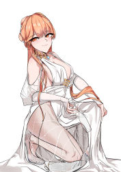 Rule 34 | 1girl, absurdres, bamul, blonde hair, blush, breasts, closed mouth, collarbone, cup, dress, earrings, elbow gloves, from side, girls&#039; frontline, glass, gloves, hair ornament, hand on own knee, high heels, highres, holding, holding cup, jewelry, long hair, looking at viewer, medium breasts, necklace, official alternate costume, on one knee, orange eyes, ots-14 (destined love) (girls&#039; frontline), ots-14 (girls&#039; frontline), smile, solo, transparent footwear, wedding dress, white background, white dress, white gloves