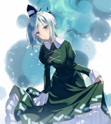 Rule 34 | 1girl, black hat, chokie, closed mouth, commentary request, cross-laced clothes, dress, frilled dress, frills, green dress, green eyes, green hair, hat, juliet sleeves, long sleeves, looking at viewer, ofuda, ofuda on clothes, puffy sleeves, soga no tojiko, solo, tate eboshi, touhou