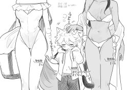 Rule 34 | 1boy, 2girls, aether (genshin impact), age difference, ahoge, animal ears, bikini, breasts, cat ears, cat tail, closed eyes, commentary request, dark-skinned female, dark skin, diluc (genshin impact), dog boy, dog ears, dog tail, genderswap, genderswap (mtf), genshin impact, greyscale, headpat, highres, kaeya (genshin impact), large breasts, monochrome, multiple girls, onee-shota, simple background, swimsuit, tabibitowayo, tail, translation request, white background, wolf ears, wolf tail