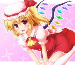 Rule 34 | 1girl, :d, ascot, blonde hair, fang, flandre scarlet, hat, hat ribbon, looking at viewer, mob cap, nagana sayui, open mouth, puffy short sleeves, puffy sleeves, red eyes, revision, ribbon, shirt, short sleeves, side ponytail, skirt, skirt set, smile, solo, thighhighs, touhou, vest, white thighhighs, wings