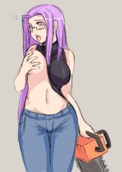 Rule 34 | 1girl, bare shoulders, breast lift, breast slip, breasts, chainsaw, clothes lift, denim, fate/stay night, fate (series), glasses, halterneck, highres, jeans, kekekeke, large breasts, long hair, medusa (fate), medusa (rider) (fate), midriff, navel, nipples, no bra, official alternate costume, one breast out, pants, purple eyes, purple hair, shirt lift, solo, square pupils, tongue, tongue out