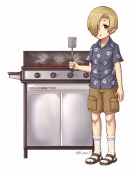 Rule 34 | 1girl, black shirt, blonde hair, brown shorts, cargo shorts, collared shirt, commission, eyebrows, food, grill, hair over one eye, highres, holding, holding spatula, hot dog, idolmaster, idolmaster cinderella girls, jacy, kneehighs, looking at viewer, parody, parted lips, red eyes, sandals, shirasaka koume, shirt, short hair, short sleeves, shorts, smile, socks, solo, spatula, steak, twitter username, white socks