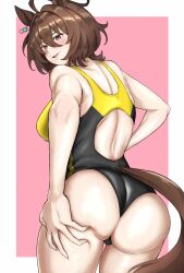 Rule 34 | 1girl, agnes tachyon (umamusume), ahoge, alternate costume, animal ears, ass, bare shoulders, black one-piece swimsuit, blush, border, breasts, brown hair, chemical structure, clothing cutout, cowboy shot, earrings, from behind, hair between eyes, highres, horse ears, horse girl, horse tail, jewelry, large breasts, looking back, miya nns35, one-piece swimsuit, outside border, pink background, red eyes, short hair, single earring, smile, solo, swimsuit, tail, tail through clothes, thigh gap, umamusume, white border