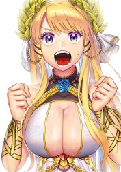 Rule 34 | 1girl, asymmetrical bangs, azur lane, blonde hair, blue eyes, breasts, chain, cleavage, clenched hands, collarbone, dress, flower, hair ornament, head wreath, highres, koufukutei yumeko, large breasts, long hair, open mouth, ribbon, shouting, simple background, sleeveless, solo, sweatdrop, upper body, victorious (azur lane), white background