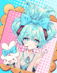 Rule 34 | &gt; &lt;, 1girl, :d, black sleeves, blue bow, blue eyes, blue hair, blue necktie, bow, cinnamiku, cinnamoroll, closed eyes, closed mouth, collared shirt, crossover, detached sleeves, ear bow, grey shirt, hair bow, hatsune miku, headset, litsvn, long sleeves, necktie, open mouth, sanrio, shirt, sleeveless, sleeveless shirt, smile, updo, vocaloid, wide sleeves, xd