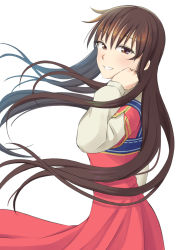 Rule 34 | 1girl, brown eyes, brown hair, dress, easy (aqk7bdqt), floating hair, from side, grin, hair between eyes, layered sleeves, log, long hair, long sleeves, looking at viewer, pinafore dress, red dress, seijo no maryoku wa bannou desu, short over long sleeves, short sleeves, simple background, sleeveless dress, smile, solo, standing, straight hair, takanashi sei, very long hair, white background