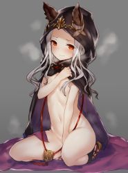 Rule 34 | 10s, 1girl, between legs, blush, cape, covering privates, covering breasts, covering crotch, ears through headwear, flat chest, granblue fantasy, hair censor, hair over breasts, hand between legs, hooded, inayama, long hair, looking at viewer, naked cape, navel, open mouth, orange eyes, sandals, scathacha (granblue fantasy), seiza, silver hair, sitting, solo