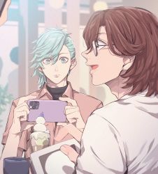 Rule 34 | 2boys, :d, adam&#039;s apple, asymmetrical hair, bishounen, blue eyes, blue hair, brown eyes, brown hair, cafe, closed mouth, collared shirt, cup, fingernails, food, food art, from behind, glasses, hair between eyes, holding, holding phone, kashiyado, kotobuki reiji, looking at object, looking to the side, male focus, menu, mikaze ai, multiple boys, open collar, open mouth, out of frame, parfait, phone, pink shirt, profile, shirt, short hair, short sleeves, smile, straight-on, t-shirt, turtleneck, undershirt, upper body, uta no prince-sama, white shirt, wide-eyed
