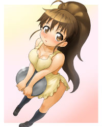 Rule 34 | 1girl, ahoge, apron, bare shoulders, black socks, blush, breasts, breasts squeezed together, brown eyes, brown hair, covered erect nipples, face, full body, gradient background, kneehighs, large breasts, long hair, naked apron, onsoku inu, pink background, ponytail, socks, solo, taneshima popura, tray, waitress, working!!
