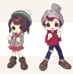 Rule 34 | 1boy, 1girl, :d, :o, backpack, bag, beanie, bob cut, boots, brown bag, brown eyes, brown footwear, brown hair, buttons, cable knit, cardigan, clenched hands, collared dress, commentary request, creatures (company), denim, dress, full body, game freak, gloria (pokemon), green headwear, green legwear, grey cardigan, grey headwear, hands up, hat, highres, hooded cardigan, jeans, looking at viewer, nintendo, open mouth, pants, plaid, plaid legwear, pokemon, pokemon swsh, red shirt, shirt, shoes, short hair, sleeves rolled up, smile, socks, standing, swept bangs, tam o&#039; shanter, torn clothes, torn jeans, torn pants, victor (pokemon), yamunashi