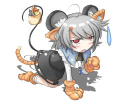 Rule 34 | 1girl, ahoge, all fours, animal ears, animal hands, basket, blush, capelet, fang, female focus, gem, grey hair, hair ornament, hairclip, hat, jewelry, jitome, kemonomimi mode, kikurage (sugi222), looking at viewer, mouse (animal), mouse ears, mouse tail, mystia lorelei, mystia lorelei (bird), nazrin, necklace, open mouth, pendant, red eyes, shirt, short hair, skirt, skirt set, solo, sugi222, sweatdrop, tail, tiger ears, tiger paws, tiger tail, touhou