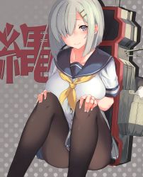 Rule 34 | 10s, 1girl, black pantyhose, blue eyes, blue nails, blush, breasts, hair ornament, hair over one eye, hairclip, hamakaze (kancolle), hands on own knees, heart, heart-shaped pupils, highres, jewelry, kantai collection, kei (soundcross), knees up, large breasts, looking at viewer, nail polish, neckerchief, pantyhose, polka dot, polka dot background, rigging, ring, school uniform, serafuku, silver hair, sitting, smile, solo, spread legs, symbol-shaped pupils, white nails, yellow neckerchief